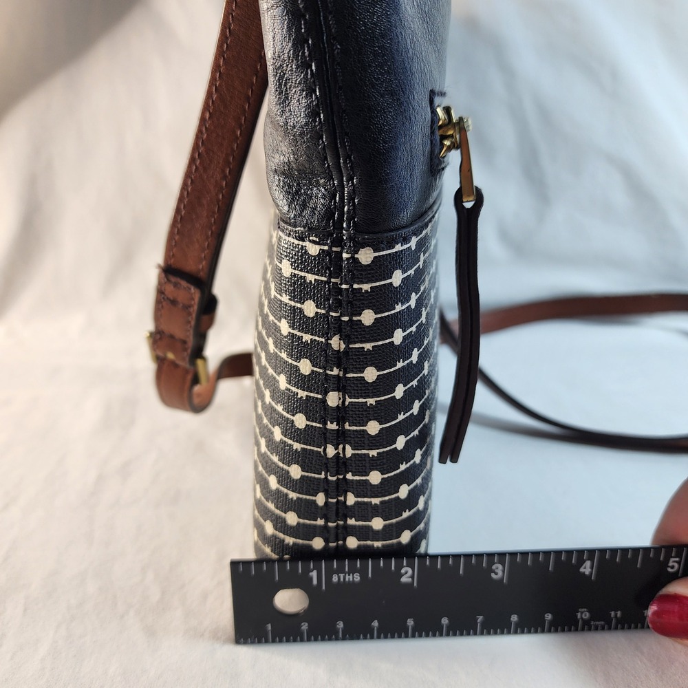 Fossil Fiona Leather Canvas Crossbody Bag Black Brown Zip Top Adjustable Strap - Picture 13 of 14